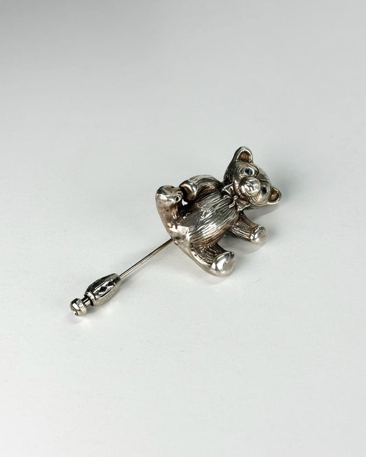 Vintage Brooch Pin of Sterling Silver Teddy Bear with Blue Rhinestone Eyes