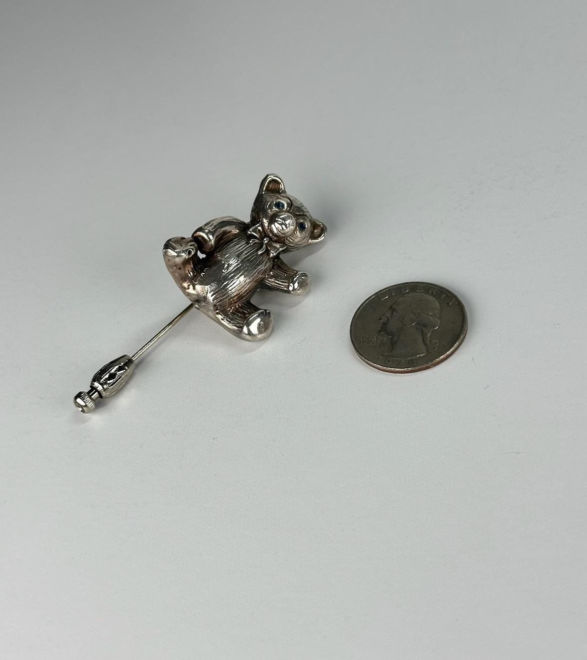 Vintage Brooch Pin of Sterling Silver Teddy Bear with Blue Rhinestone Eyes