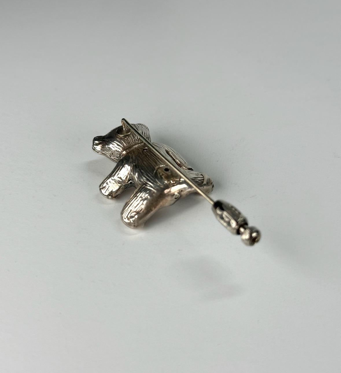 Vintage Brooch Pin of Sterling Silver Teddy Bear with Blue Rhinestone Eyes