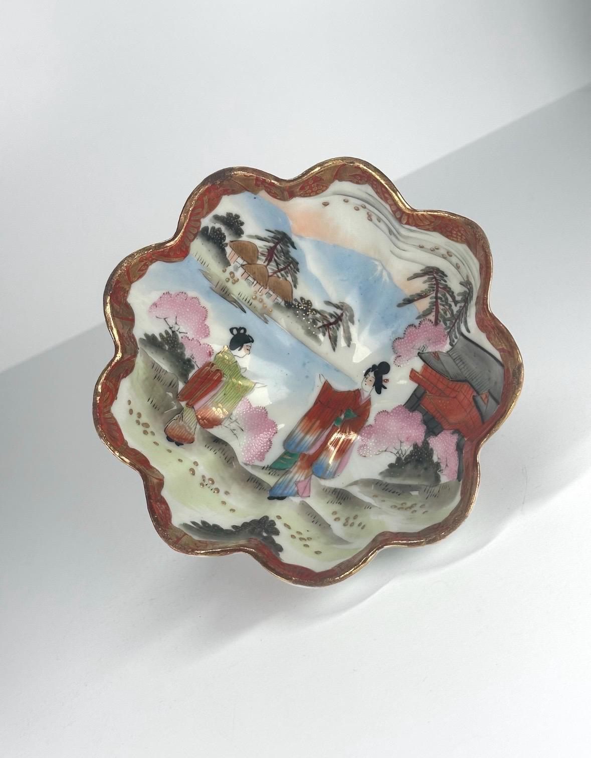 Vintage Footed Bowl with Red, Gold Scalloped Rim in Chinese Floral Design