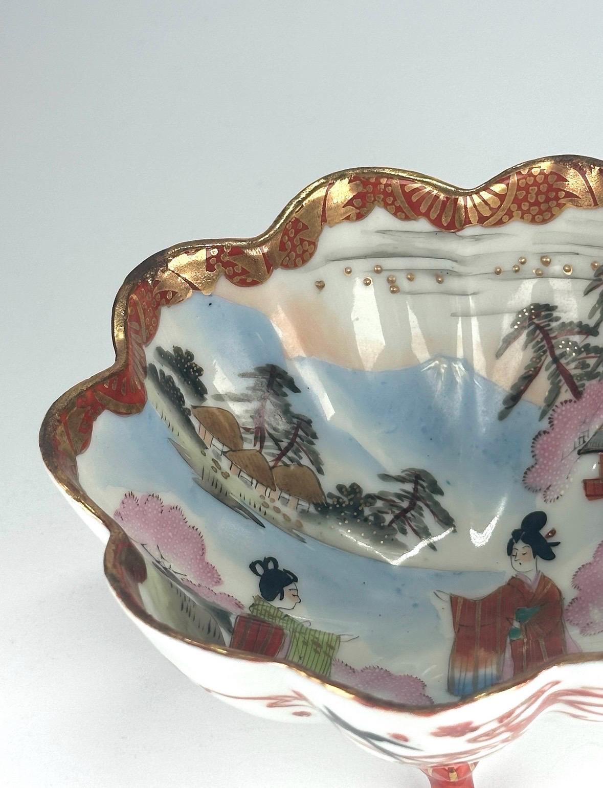 Vintage Footed Bowl with Red, Gold Scalloped Rim in Chinese Floral Design