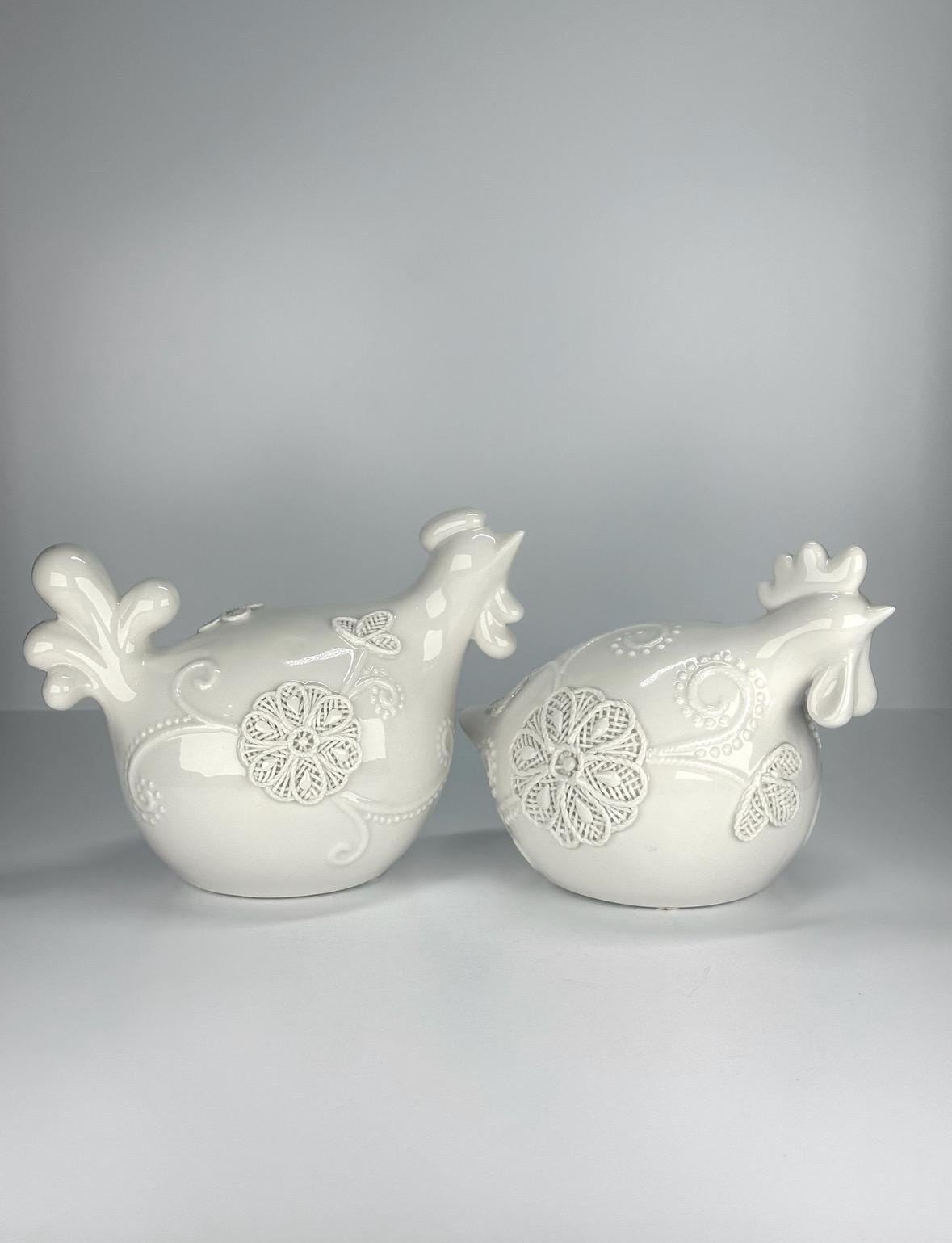 Vintage Figurines of Roosters with Floral Design and Made by Apropos