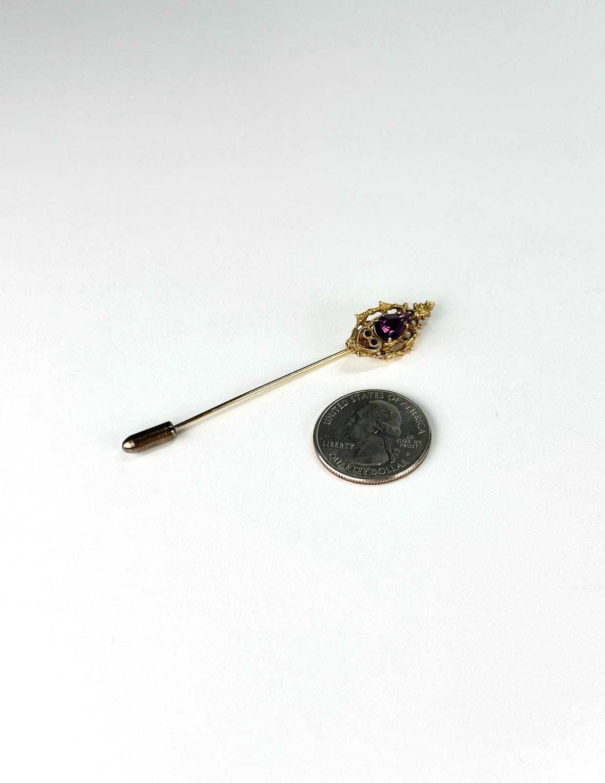 Vintage Stickpin in Gold Tone with Purple Pear Shape Gemstone