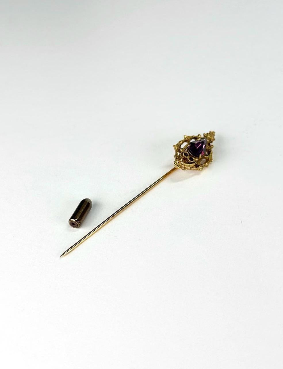 Vintage Stickpin in Gold Tone with Purple Pear Shape Gemstone