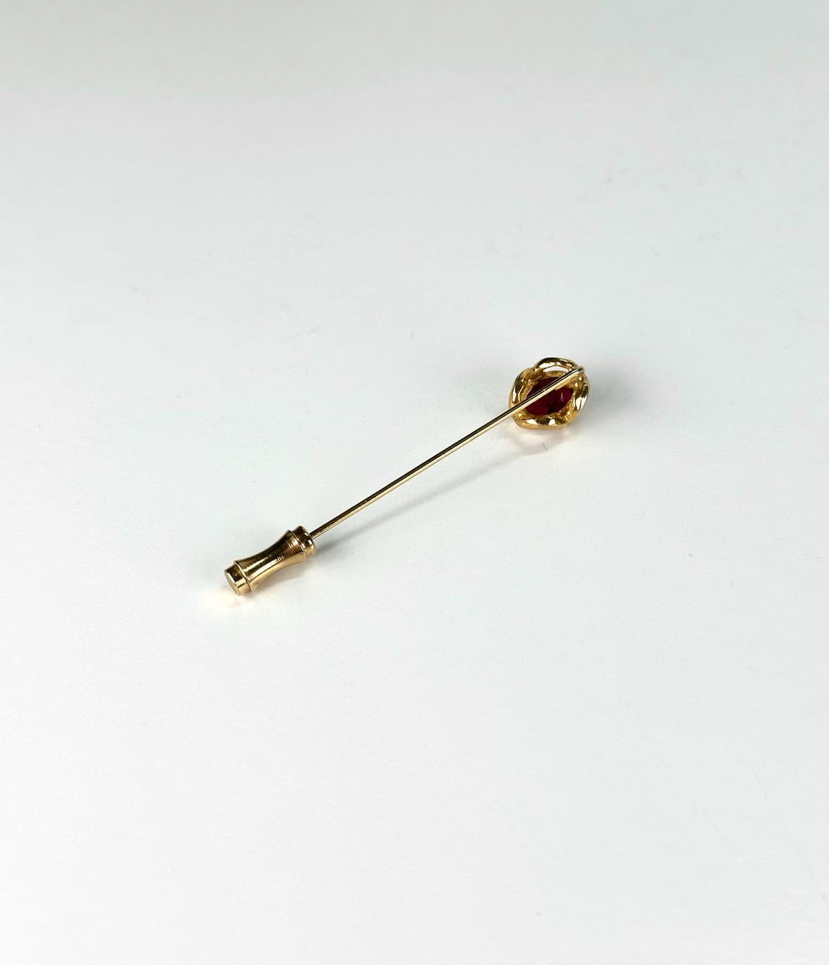 Vintage Brooch Stickpin in Gold Tone with Maroon Gemstone