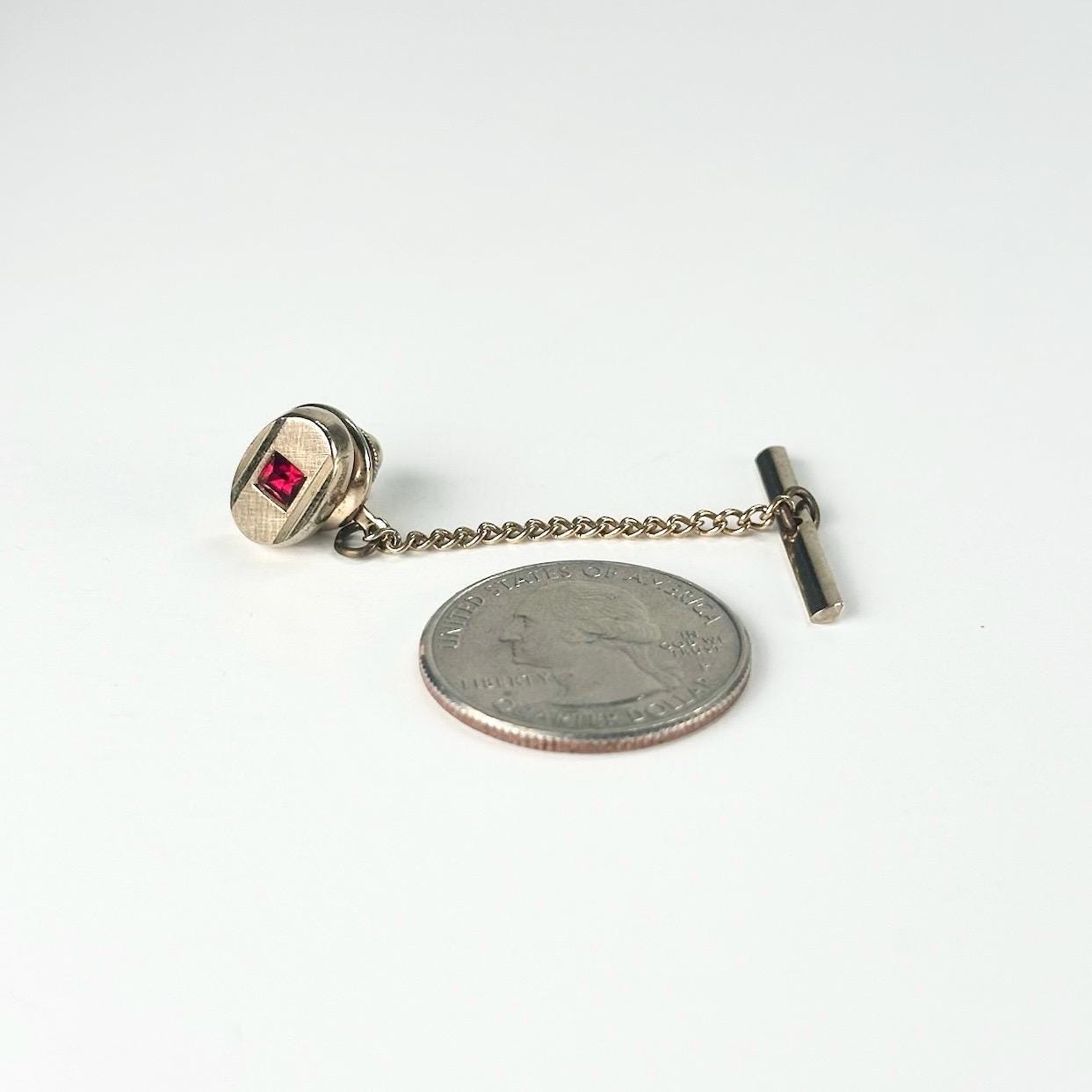 Vintage Tie Tack in Gold Tone with Red Rhinestone Stamped Swank