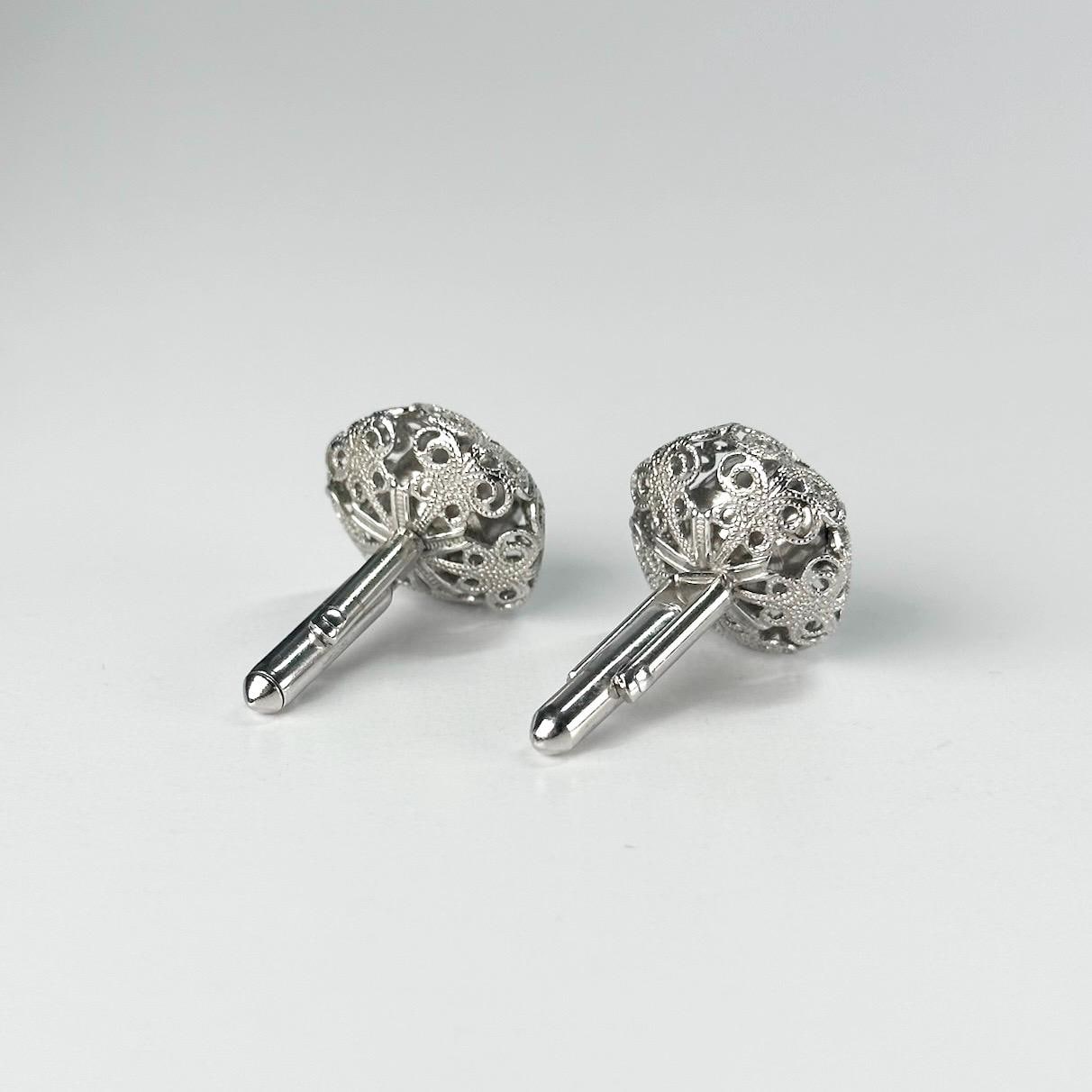 Vintage Cuff Links with Silver Filigree Design and Emerald Green Gemstones