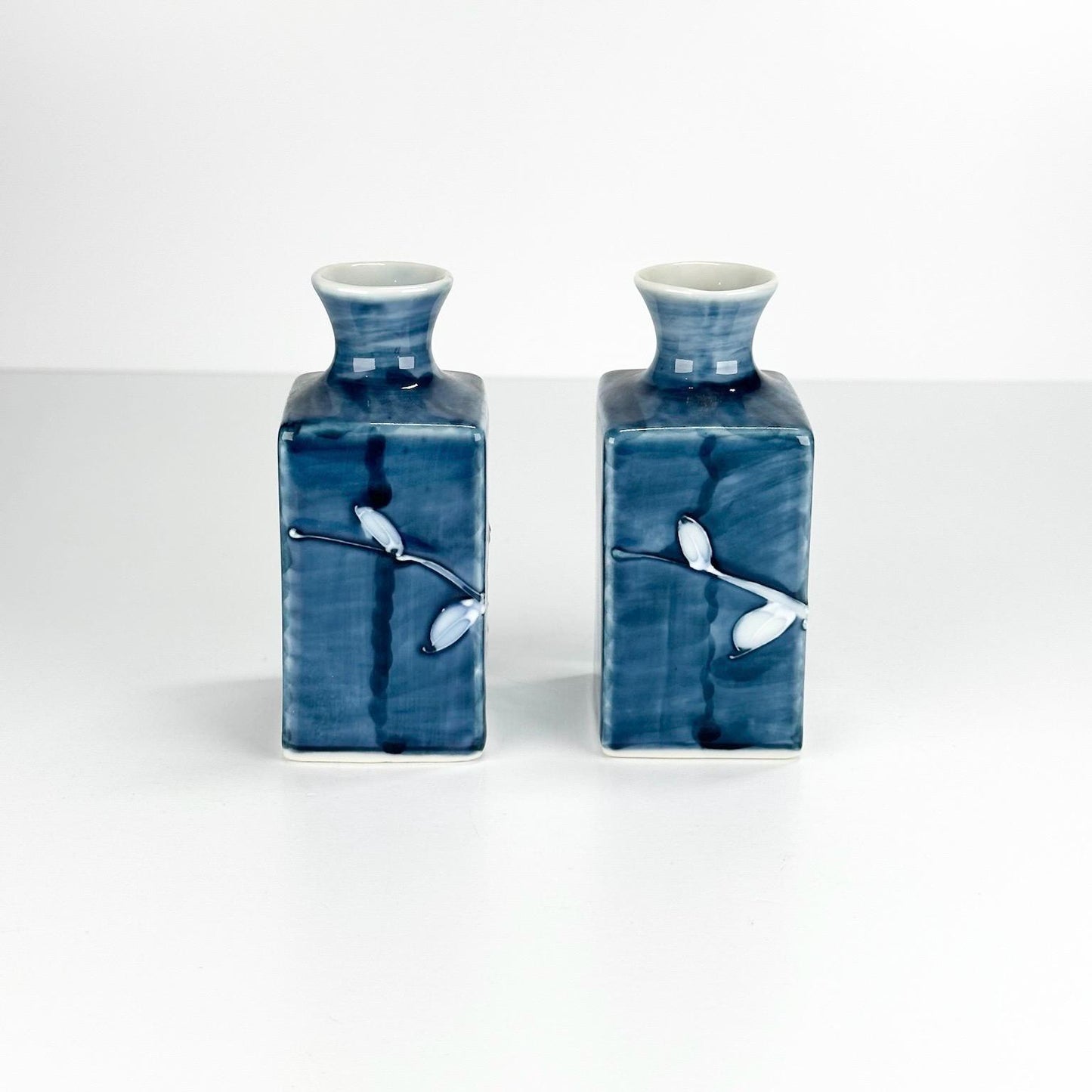 Vintage Japanese Vases with Hand Painted White Flower on Blue Background