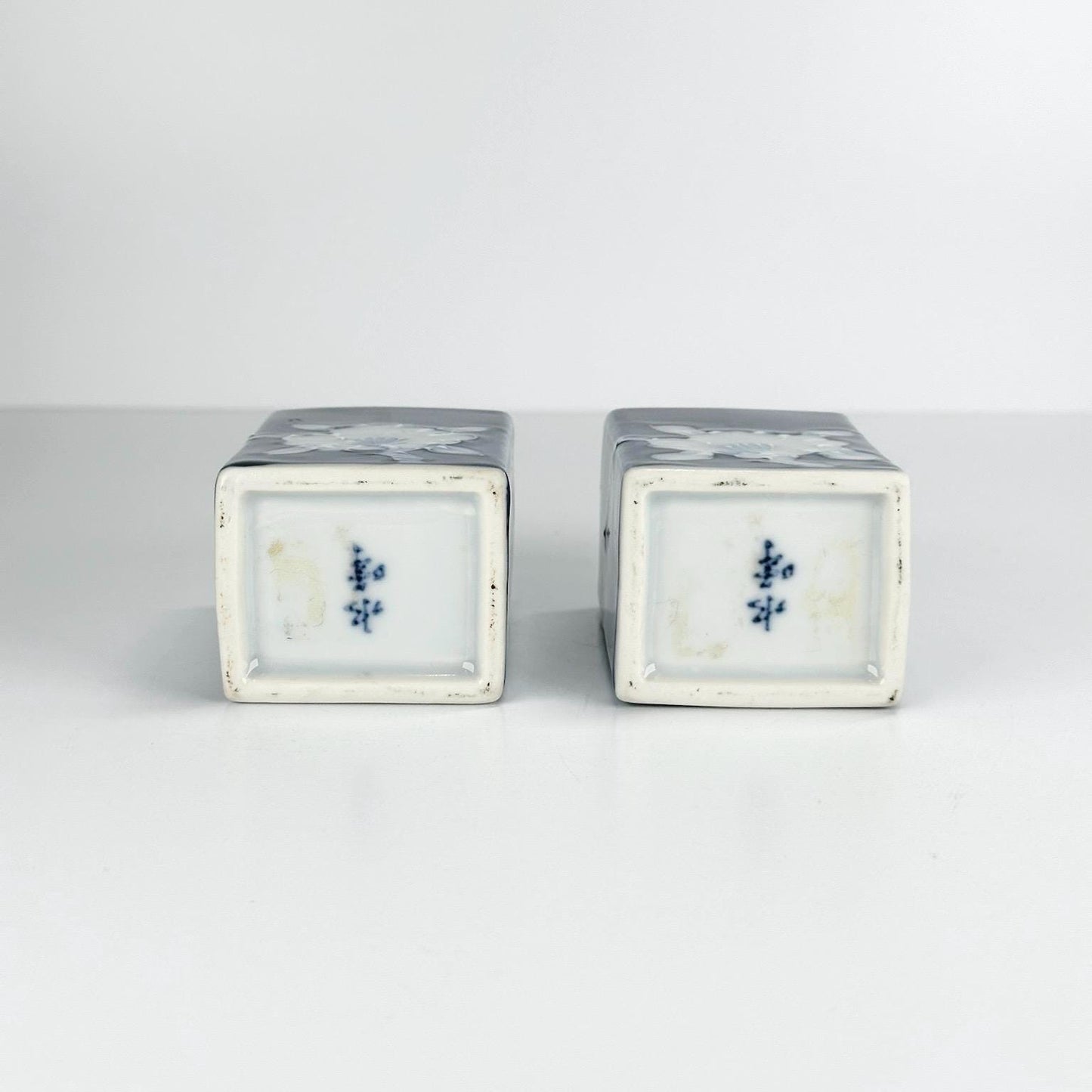 Vintage Japanese Vases with Hand Painted White Flower on Blue Background