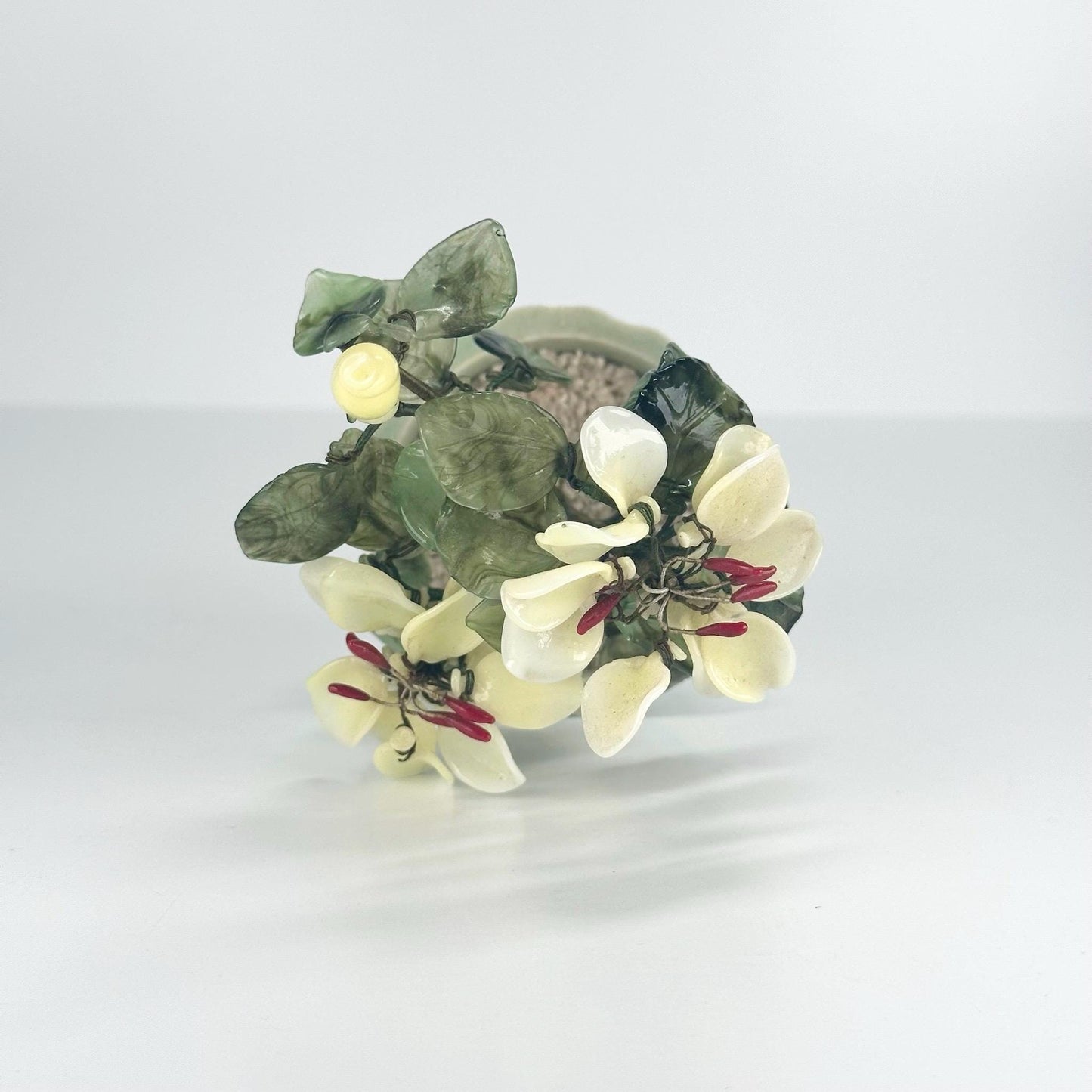 Vintage Artificial Plant with Quartz and Jade Glass Flowers in Celadon Pot