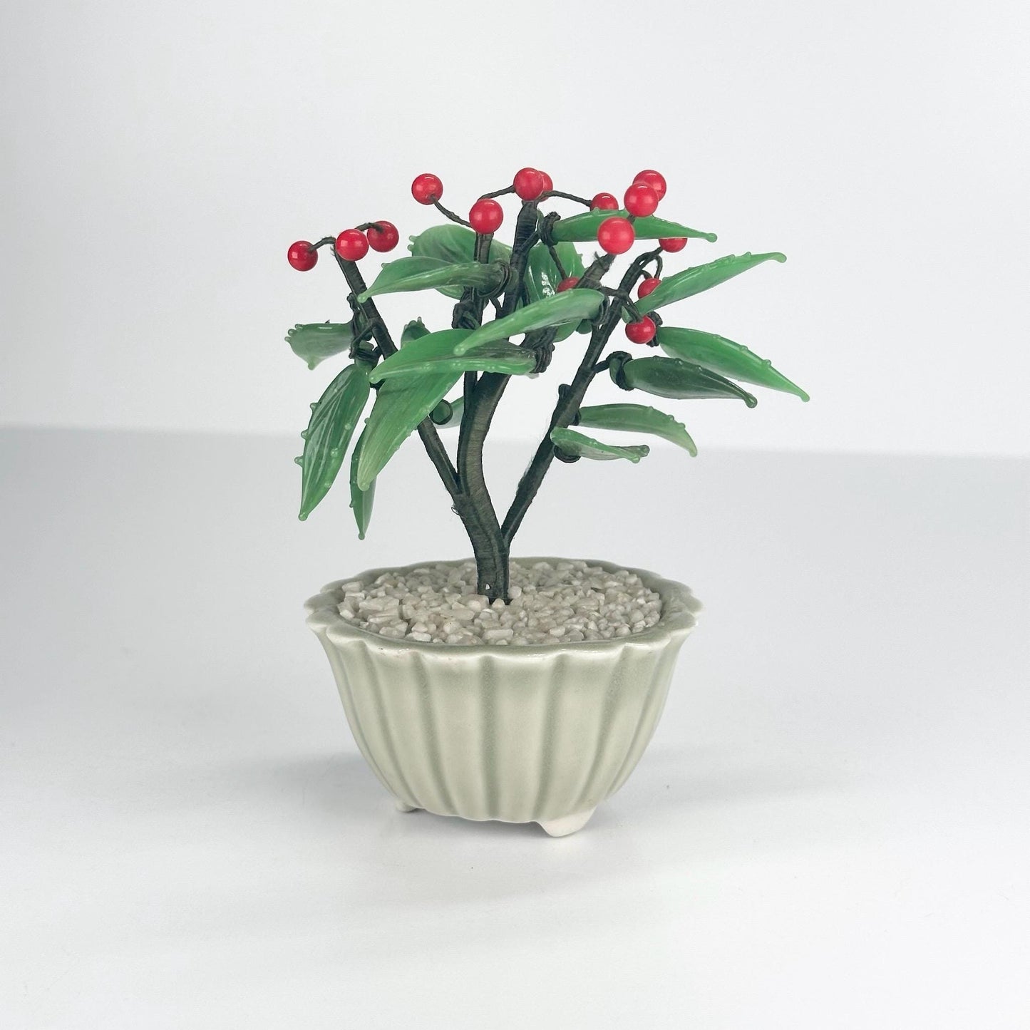 Vintage Artificial Plant with Glass Holly Flowers in Celadon Pot