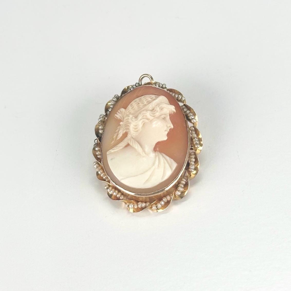 Victorian Brooch Pendant of Hand Carved Shell Cameo With Seed Pearl 10k Gold Frame