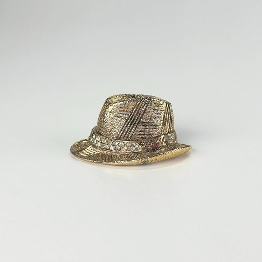Vintage Brooch of My Fair Lady Fedora in Gold Tone with Rhinestones by BSK