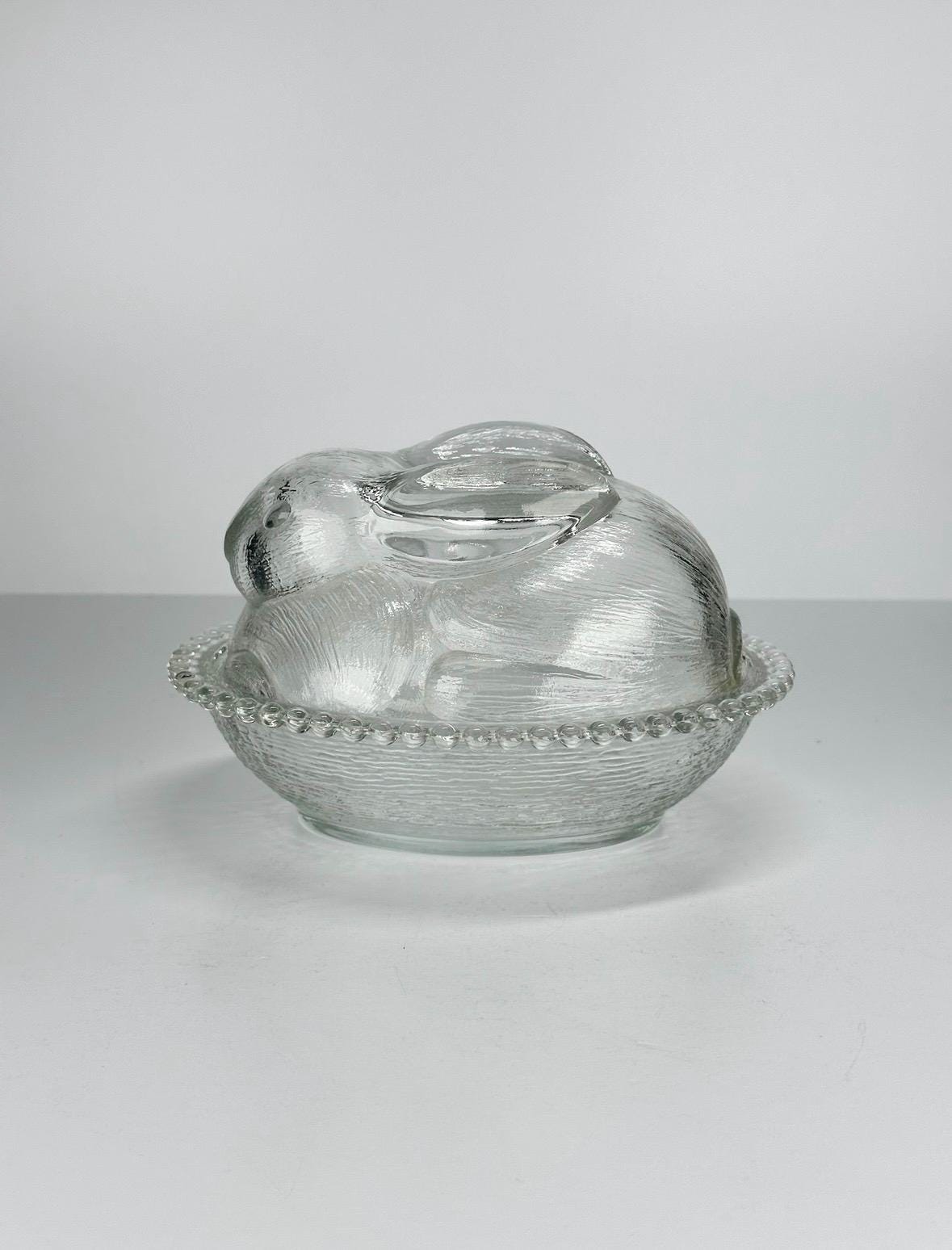 Vintage Covered Dish in the Shape of a Bunny on Nest Made by Indiana Glass