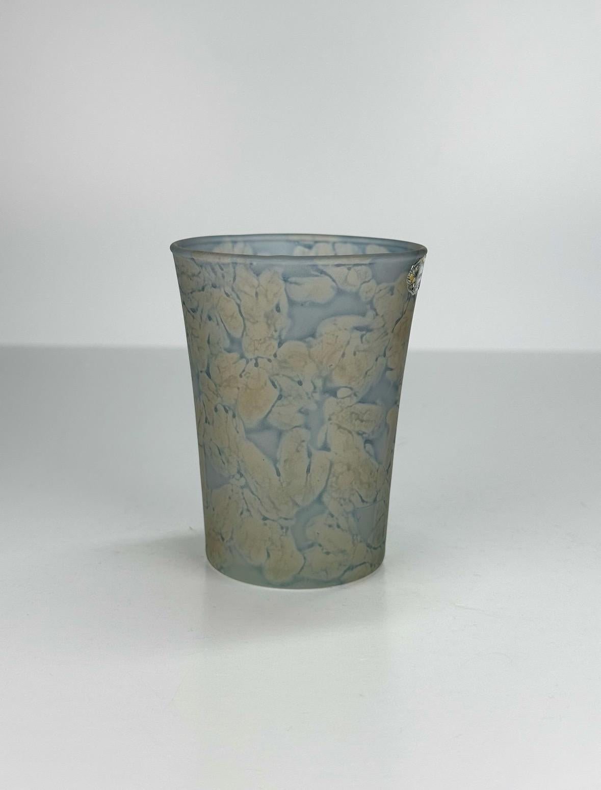 Vintage Frosted Glass Mugs with Hand Painted Blue & Green Floral Design Made in Israel