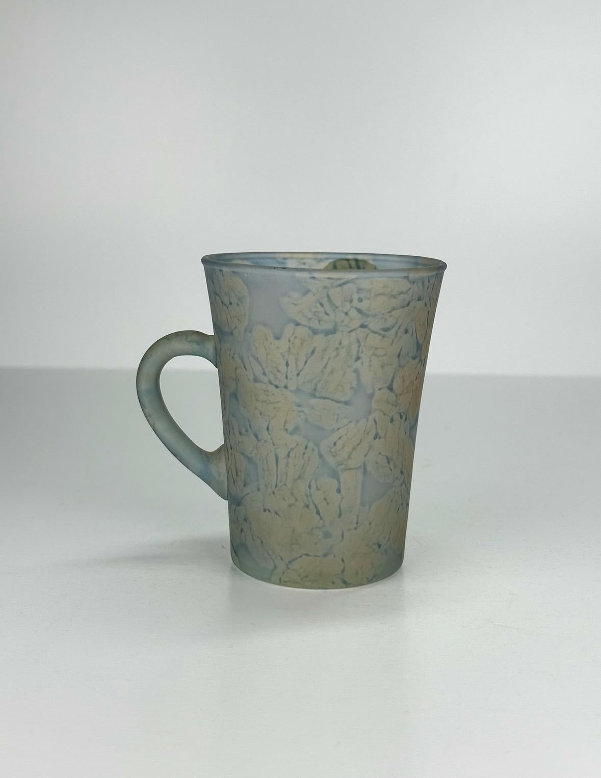 Vintage Frosted Glass Mugs with Hand Painted Blue & Green Floral Design Made in Israel