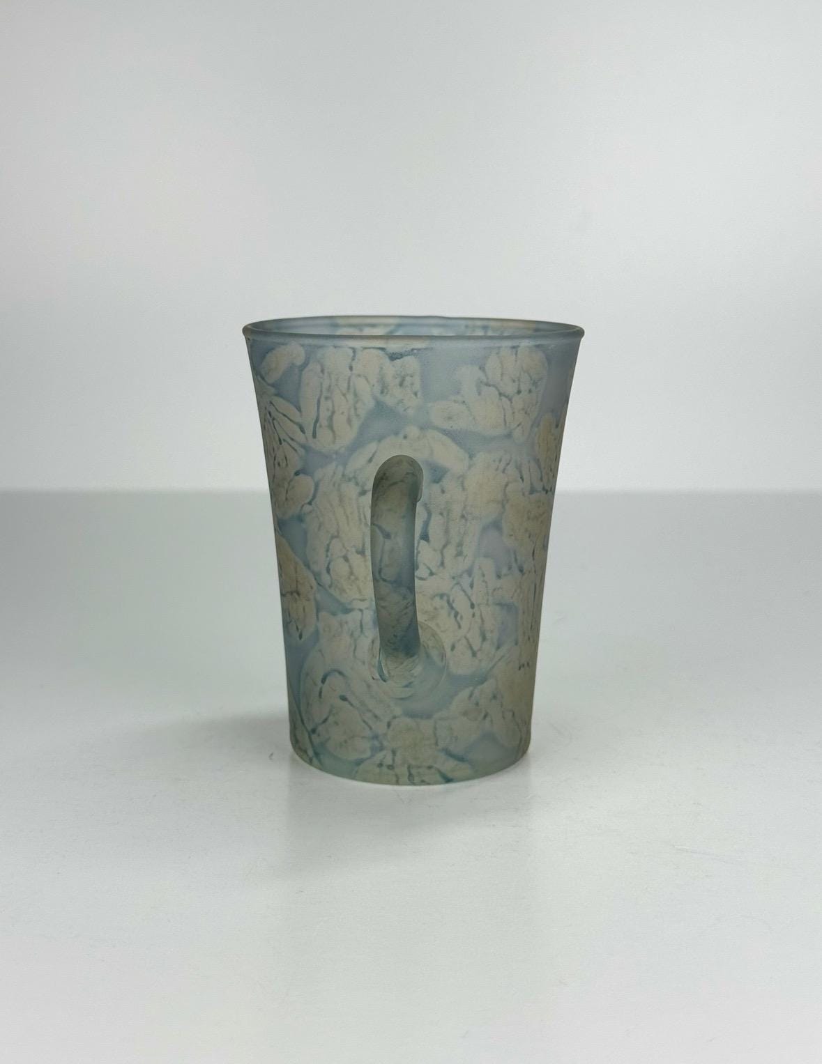 Vintage Frosted Glass Mugs with Hand Painted Blue & Green Floral Design Made in Israel