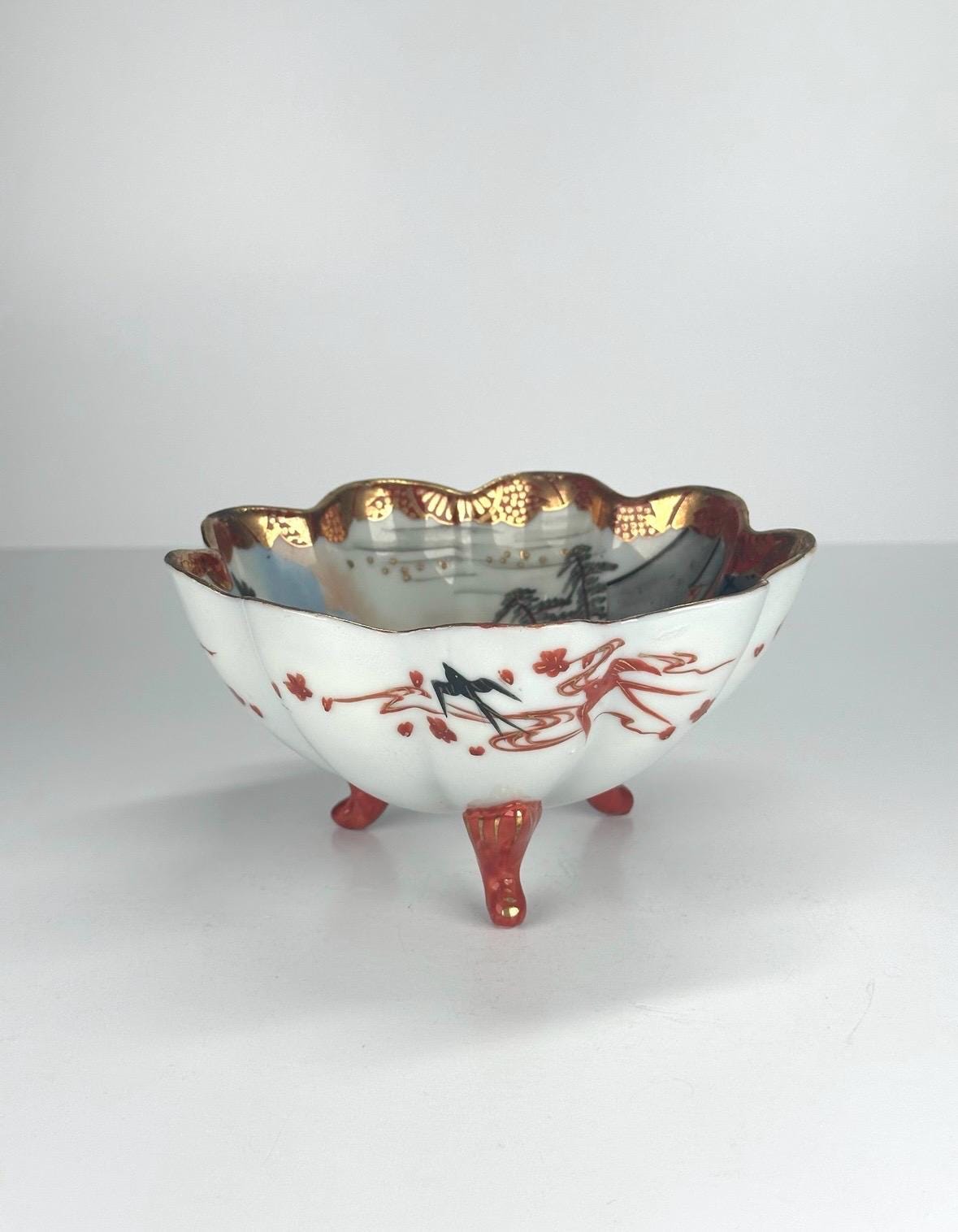 Vintage Footed Bowl with Red, Gold Scalloped Rim in Chinese Floral Design
