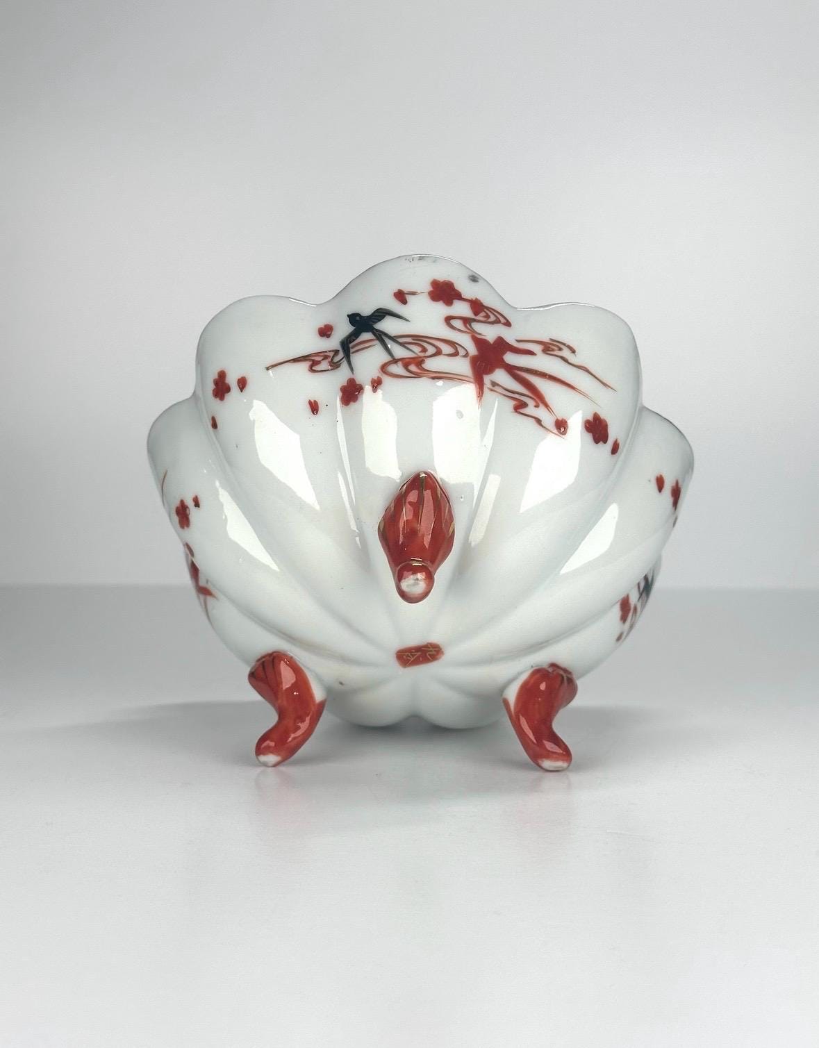 Vintage Footed Bowl with Red, Gold Scalloped Rim in Chinese Floral Design