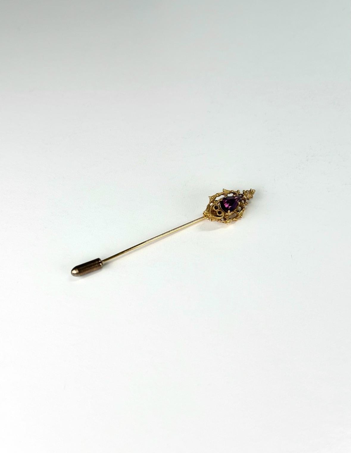 Vintage Stickpin in Gold Tone with Purple Pear Shape Gemstone