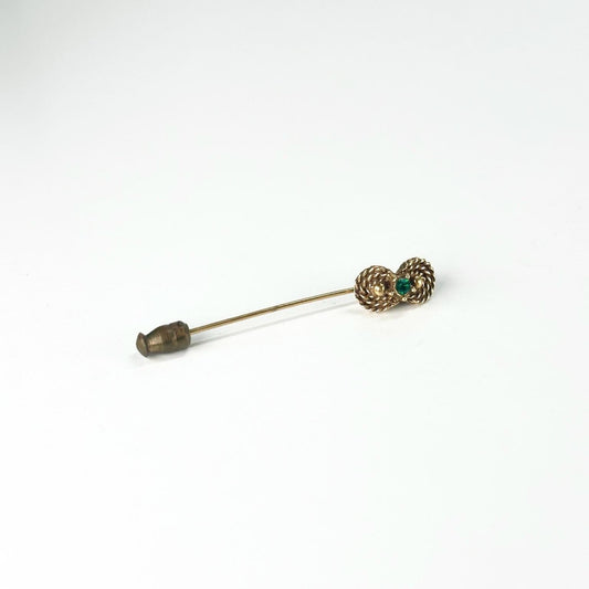 Vintage Brooch Stickpin with Emerald Green Rhinestone and Rope Design