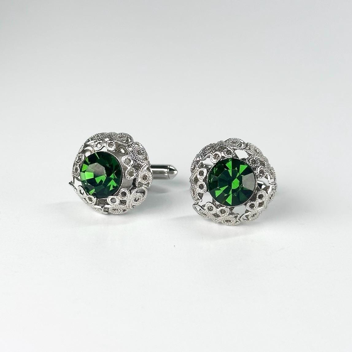 Vintage Cuff Links with Silver Filigree Design and Emerald Green Gemstones