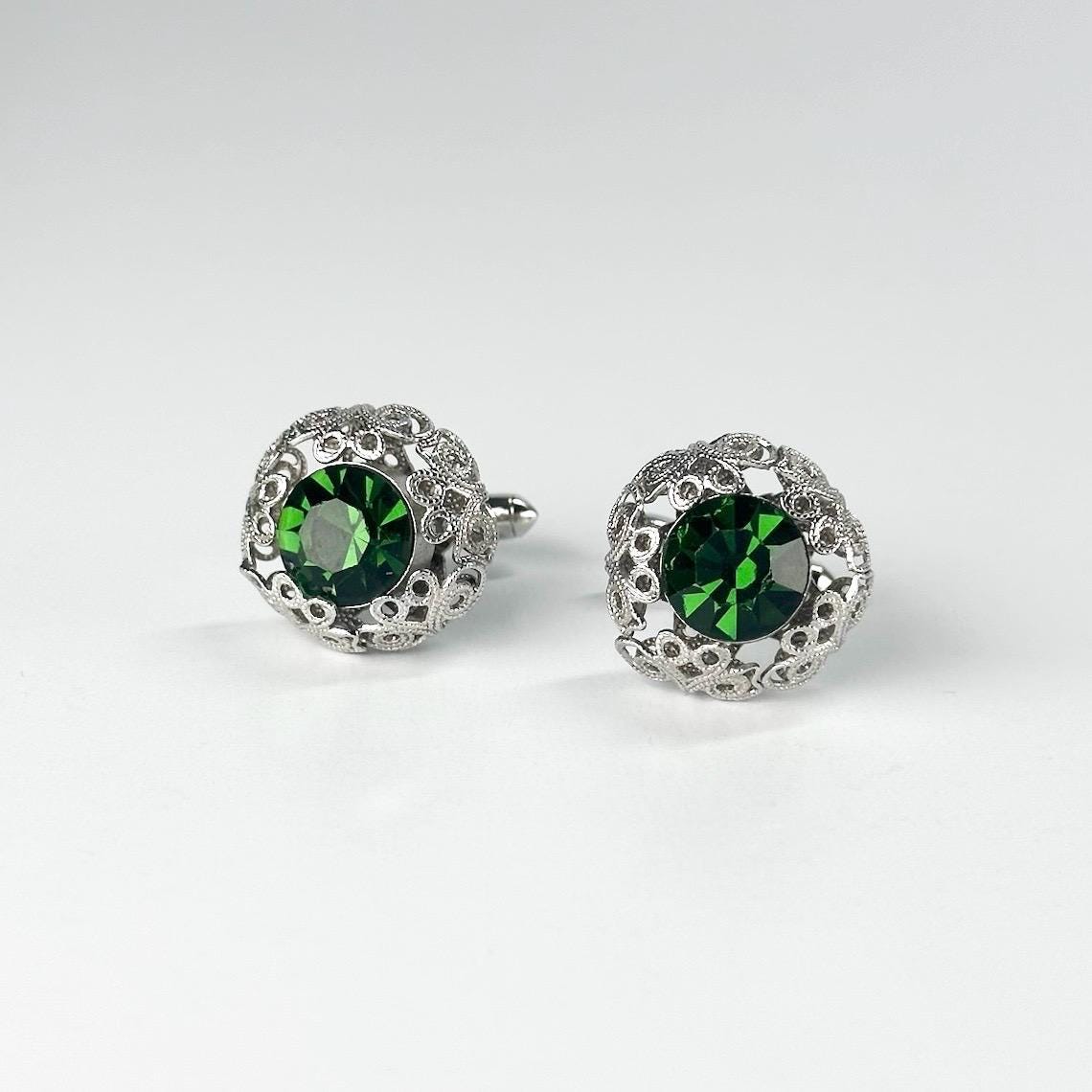 Vintage Cuff Links with Silver Filigree Design and Emerald Green Gemstones