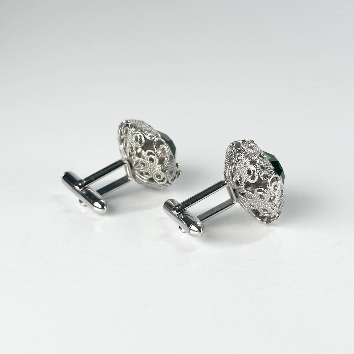 Vintage Cuff Links with Silver Filigree Design and Emerald Green Gemstones