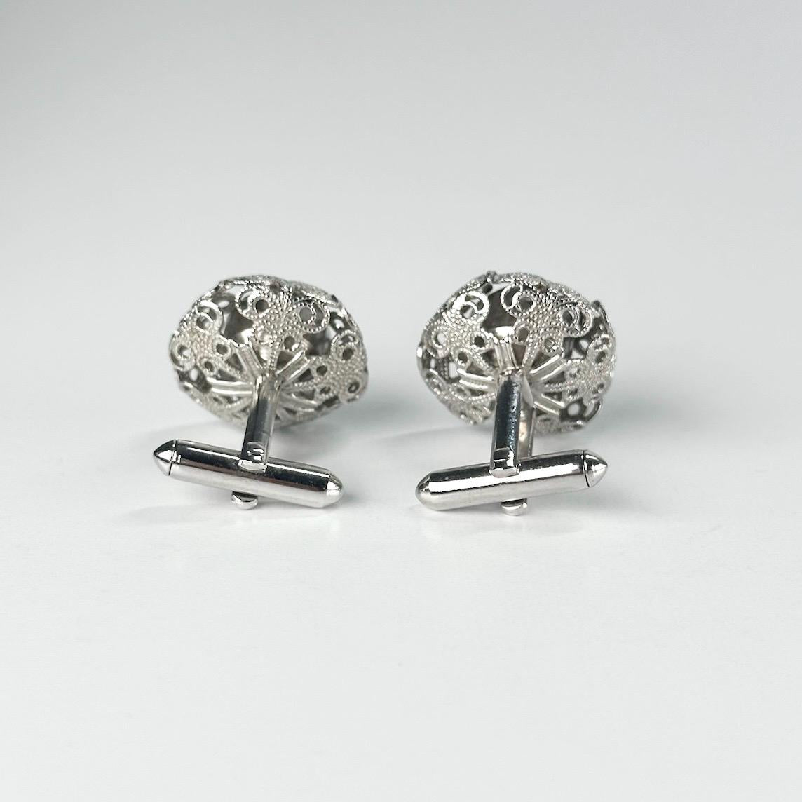 Vintage Cuff Links with Silver Filigree Design and Emerald Green Gemstones