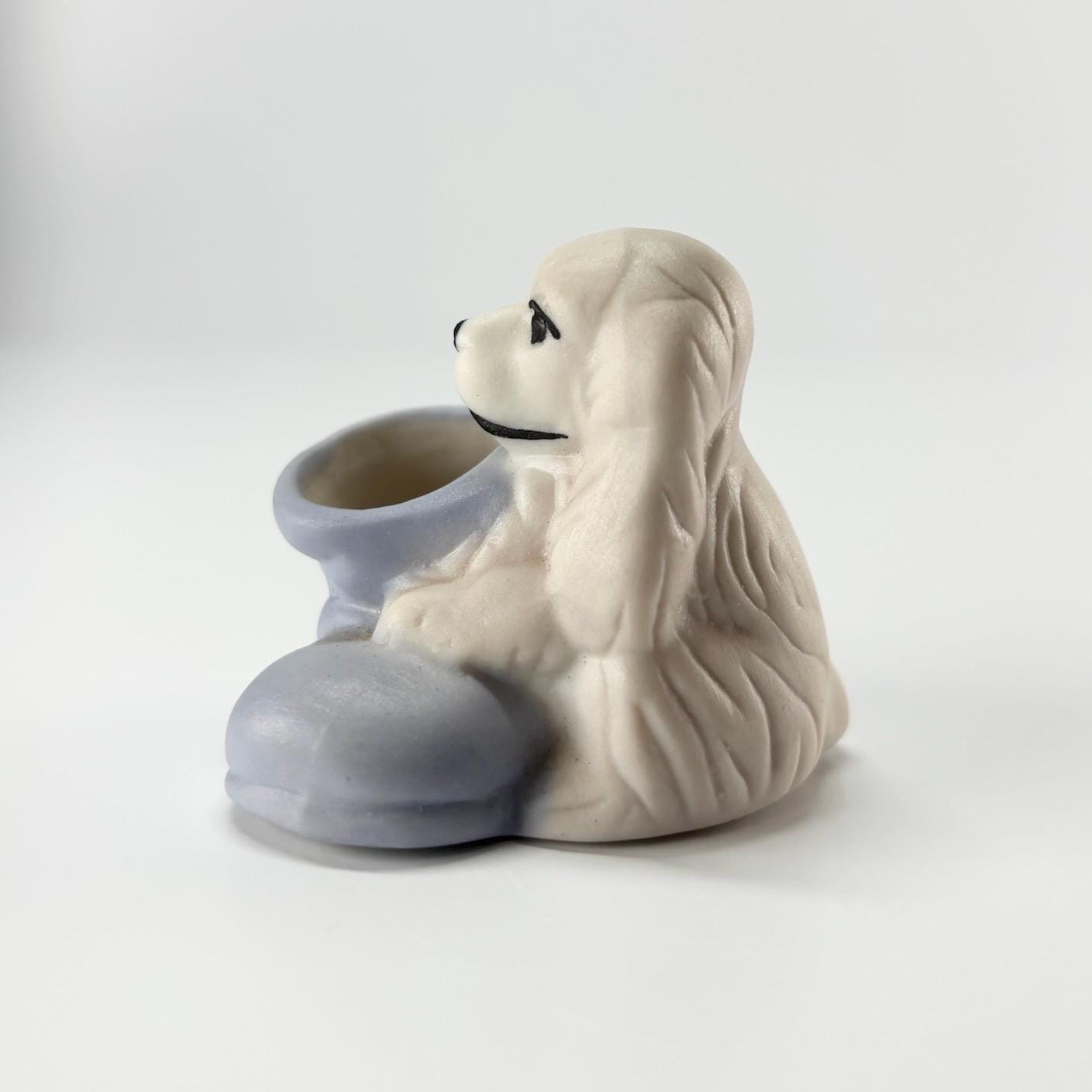 Vintage Miniature Figurine of Cocker Spaniel Puppy in a Purple Boot