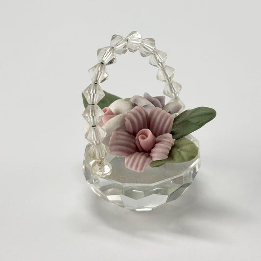 Vintage Figurine of Crystal Glass Flower Basket with Pink, Purple, and White Flowers.
