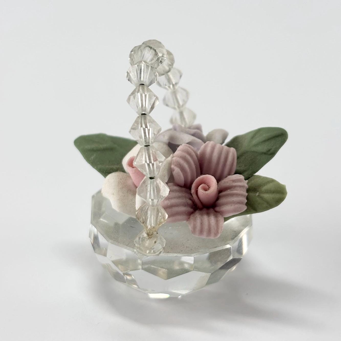 Vintage Figurine of Crystal Glass Flower Basket with Pink, Purple, and White Flowers.