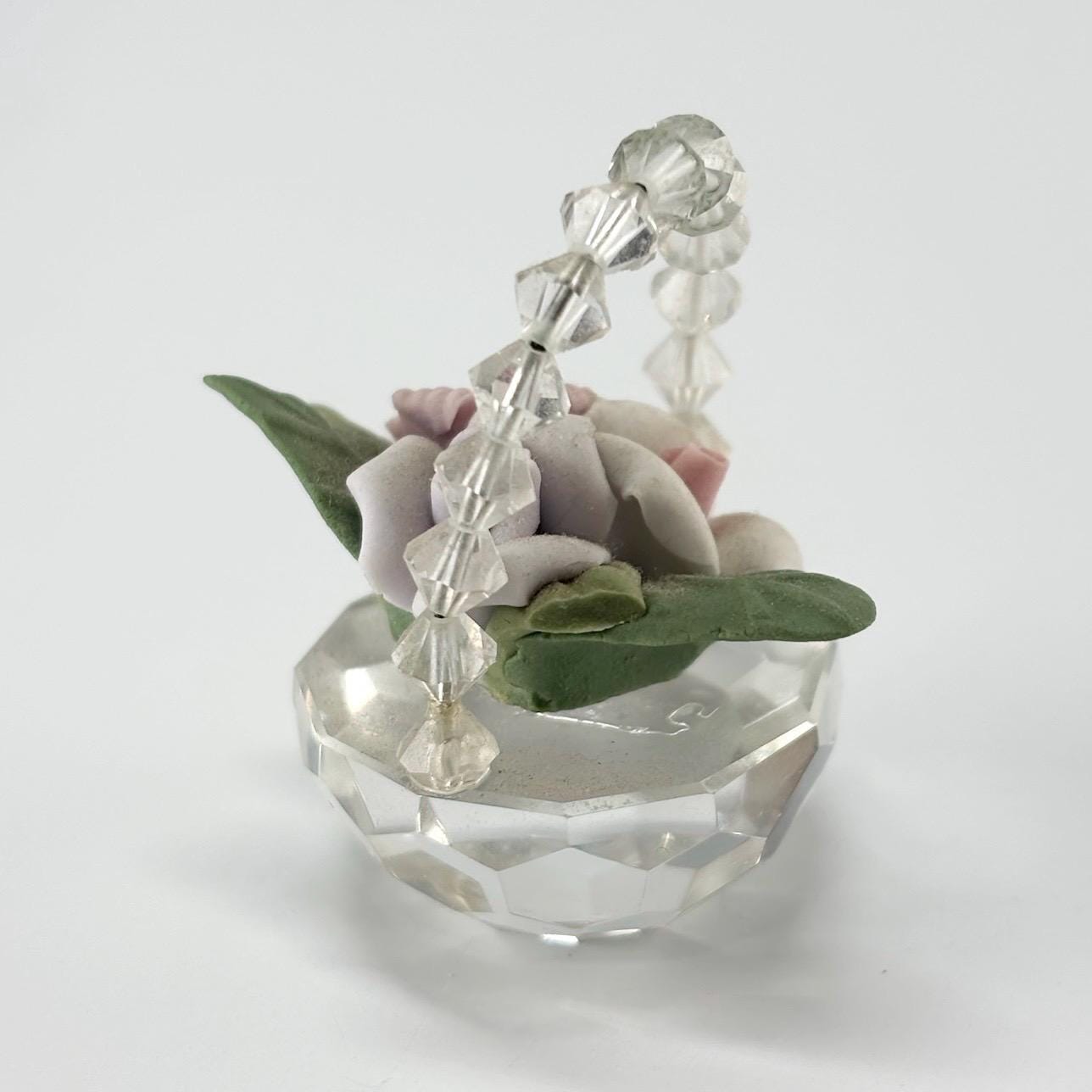 Vintage Figurine of Crystal Glass Flower Basket with Pink, Purple, and White Flowers.