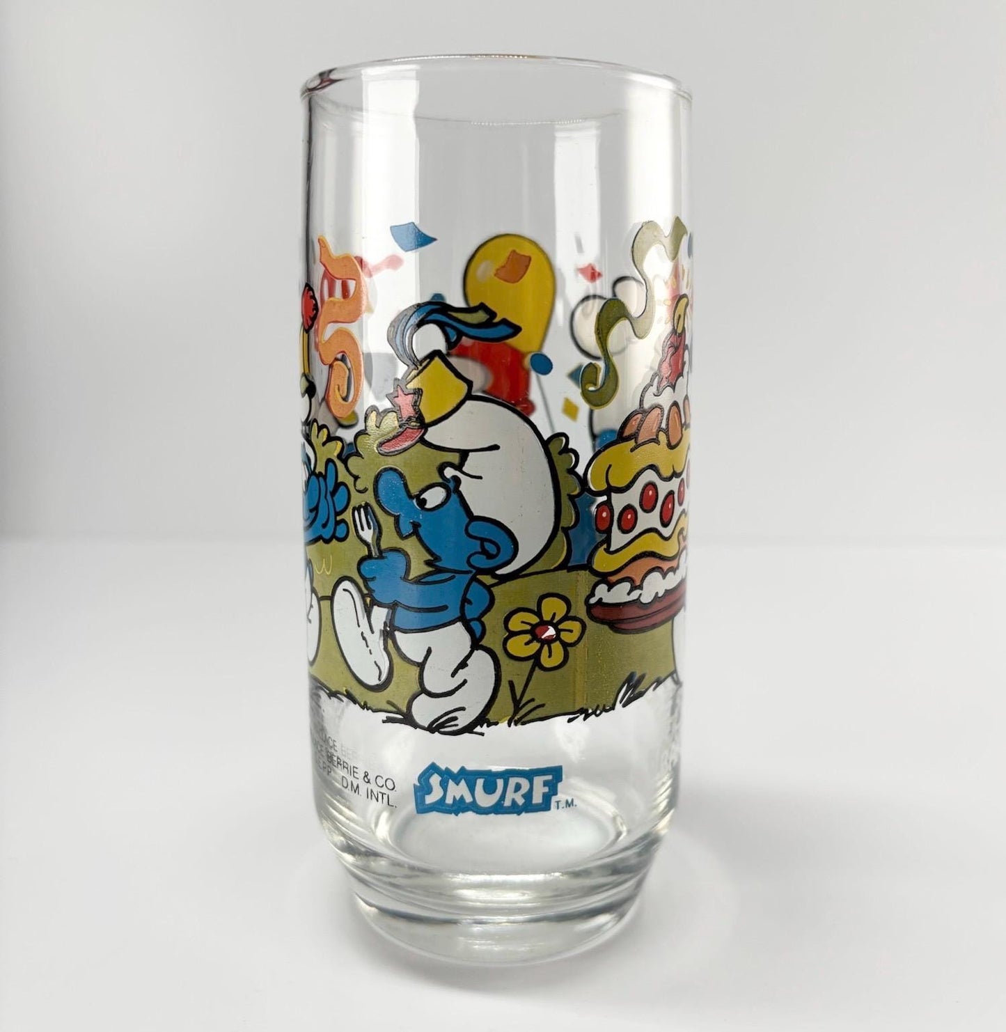 Vintage Glass of Baker Smurf Carrying a Cake 1983 By Peyo