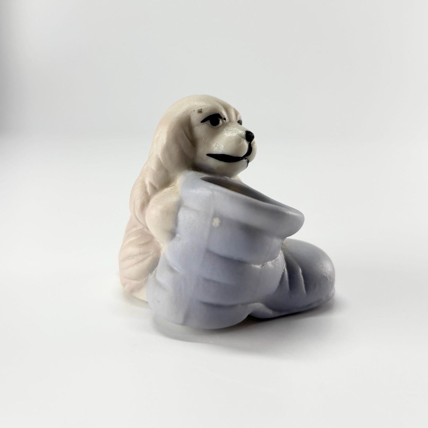 Vintage Miniature Figurine of Cocker Spaniel Puppy in a Purple Boot