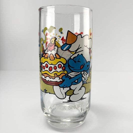 Vintage Glass of Baker Smurf Carrying a Cake 1983 By Peyo