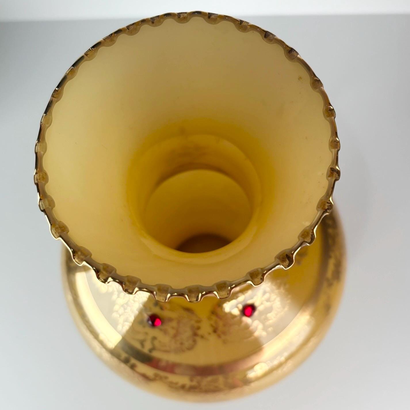 Vintage Vase in Yellow Venetian Murano Glass with Gold Detailing and Red Rhinestones