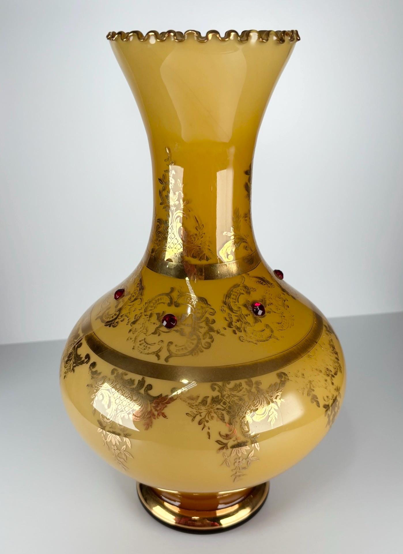 Vintage Vase in Yellow Venetian Murano Glass with Gold Detailing and Red Rhinestones