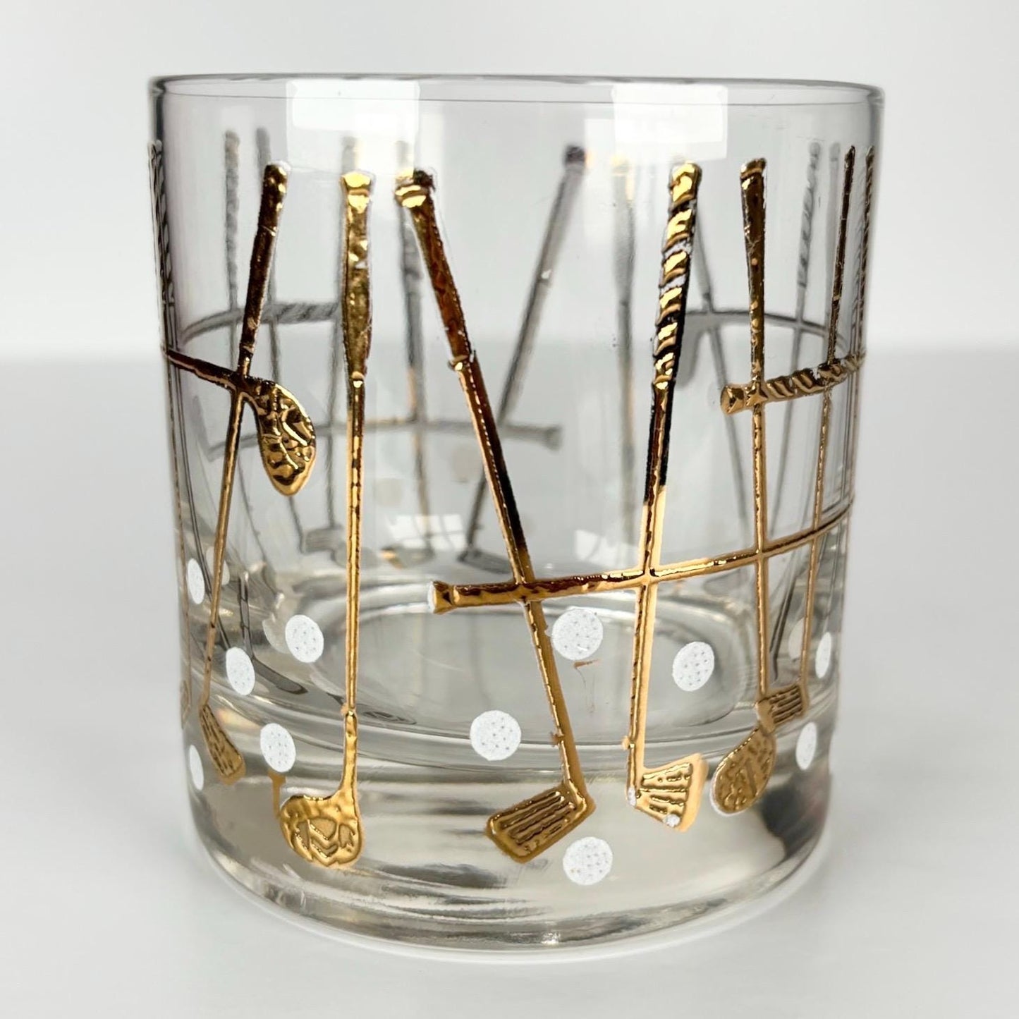 Vintage Rocks Glass with Gold Golf Clubs and Golf Ball Design