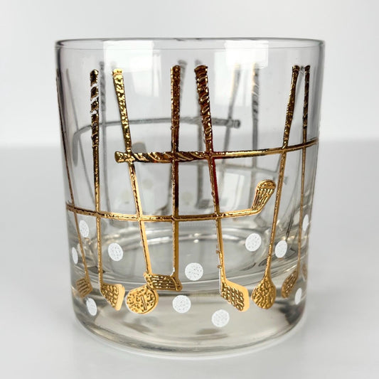 Vintage Rocks Glass with Gold Golf Clubs and Golf Ball Design