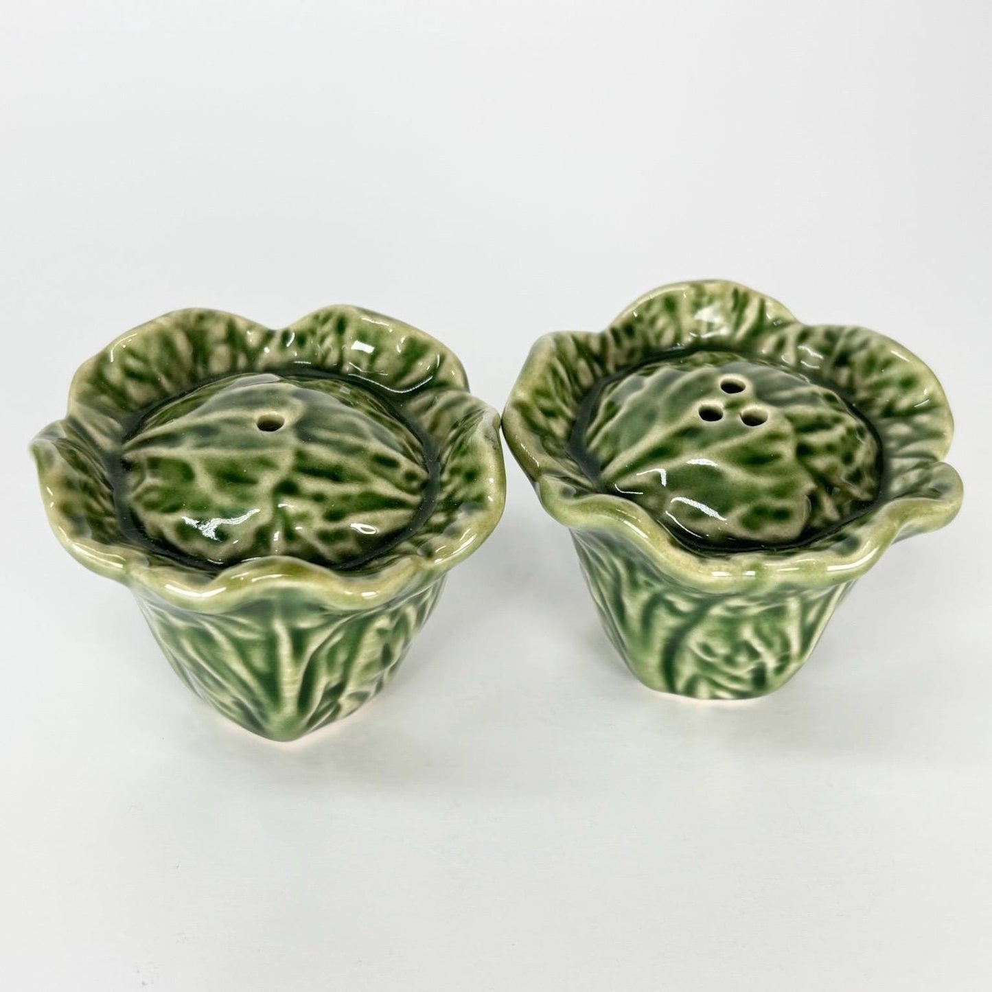 Vintage Salt and Pepper Shakers Shaped Like Small Cabbages or Lettuce