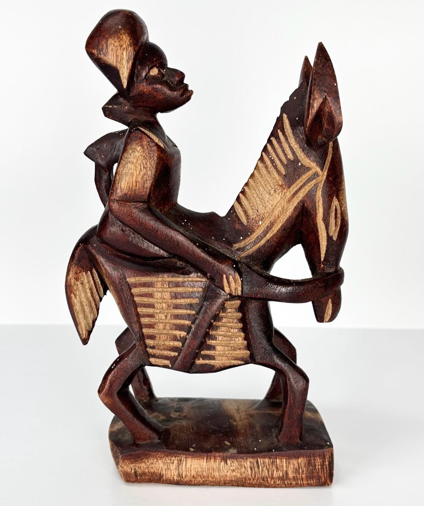 Vintage Wood Sculpture of Man on Donkey Hand-Carved African Statue