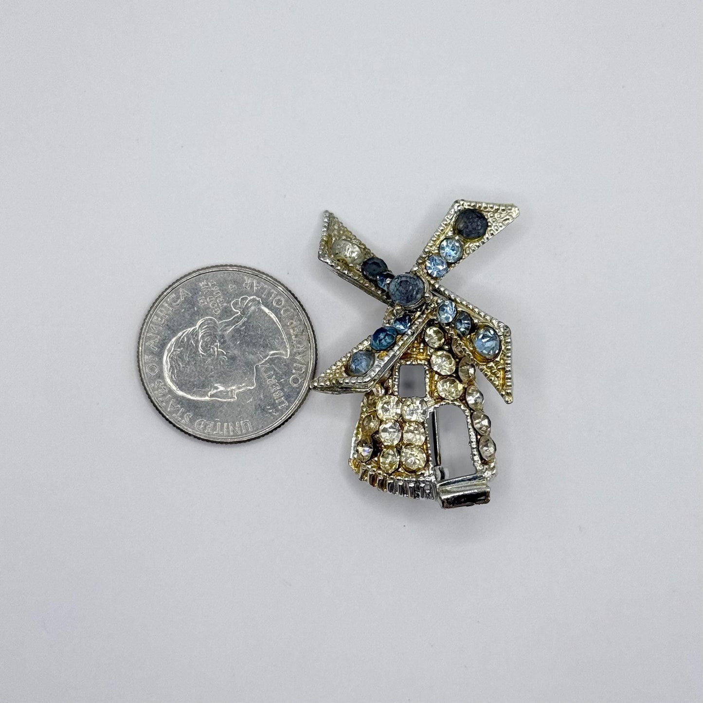Vintage Brooch in Silver of a Windmill with Blue and Clear Rhinestones