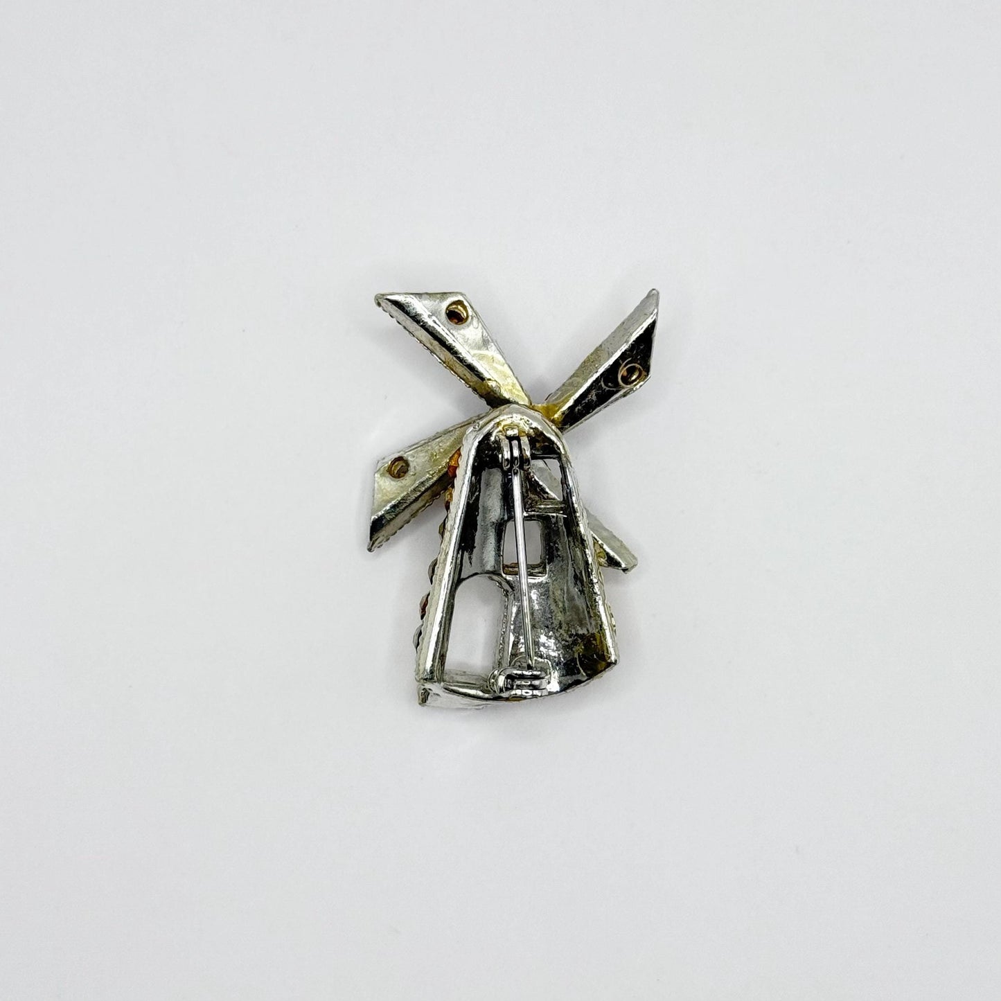 Vintage Brooch in Silver of a Windmill with Blue and Clear Rhinestones