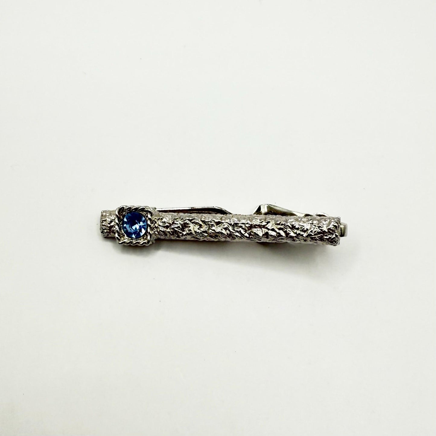 Vintage Tie Clip in Textured Silver Tone with Blue Gemstone Made by Swank