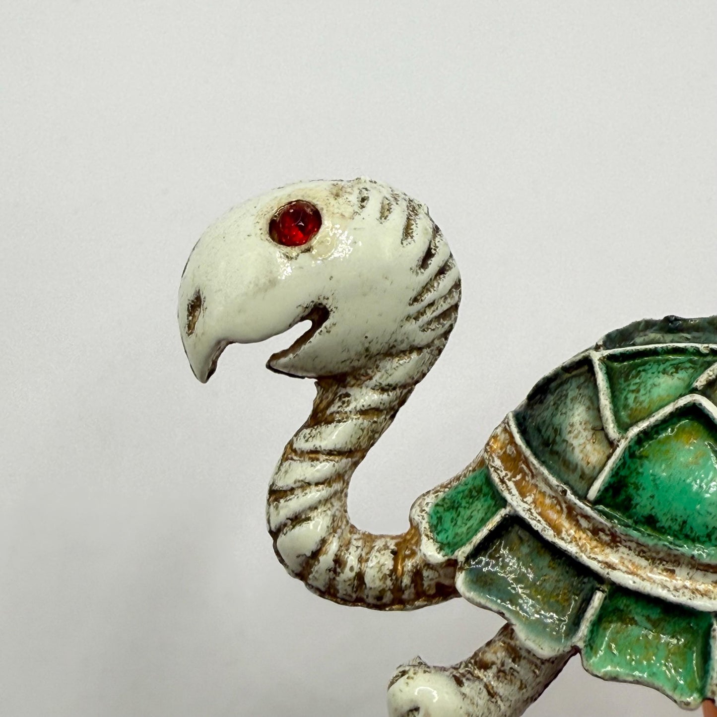 Vintage Brooch Pin of Enamel Turtle with Red Rhinestone Eye and Green Shell