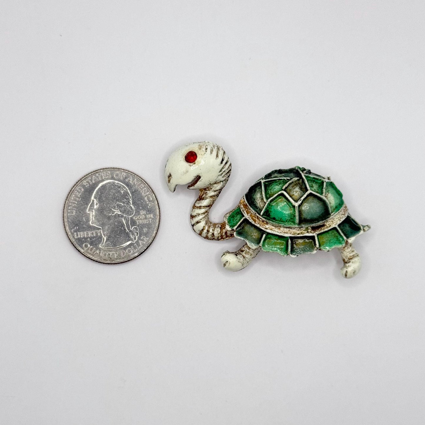 Vintage Brooch Pin of Enamel Turtle with Red Rhinestone Eye and Green Shell