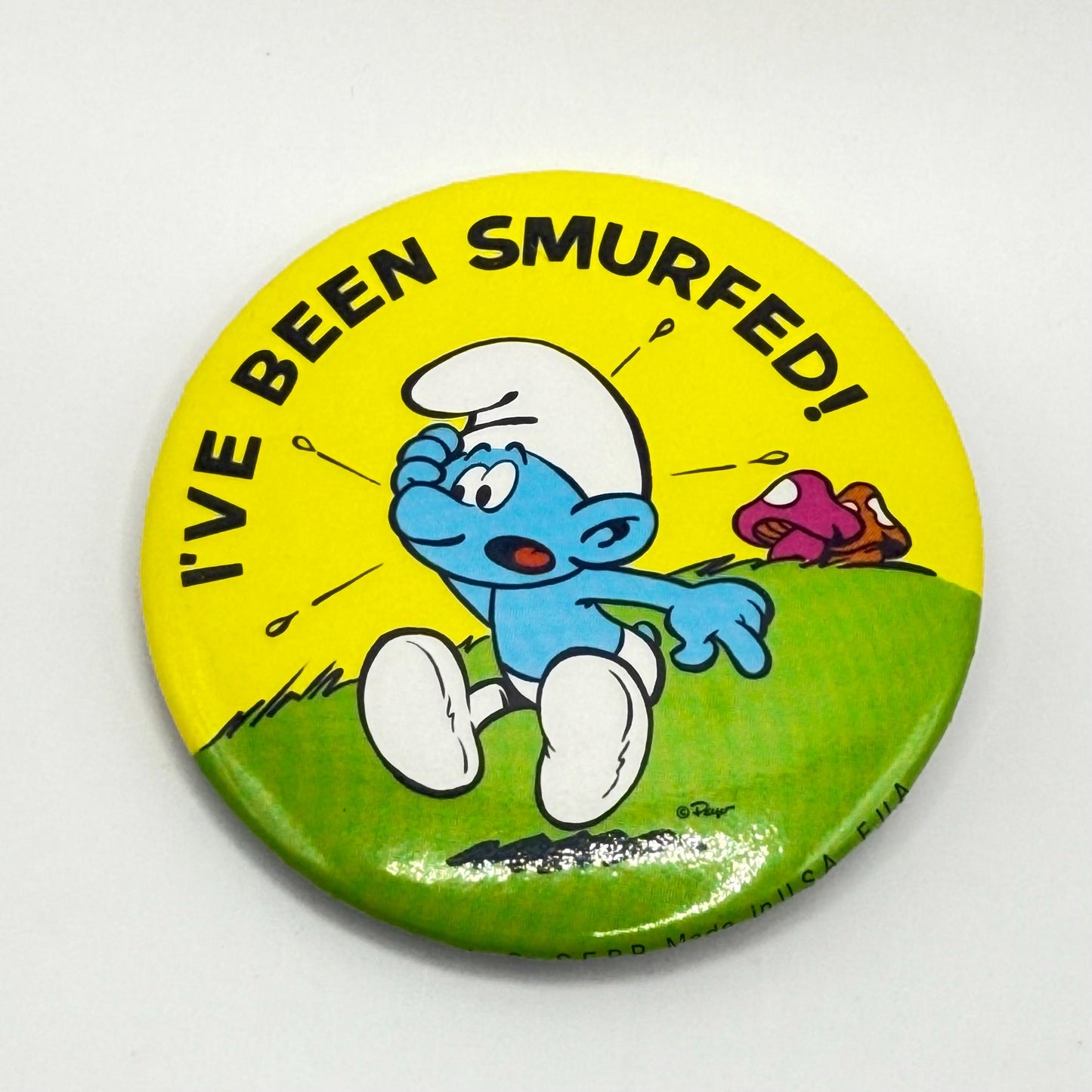 Vintage Button of Smurf That Reads “I’ve Been Smurfed!” and Made by Peyo W. Berrie Co.
