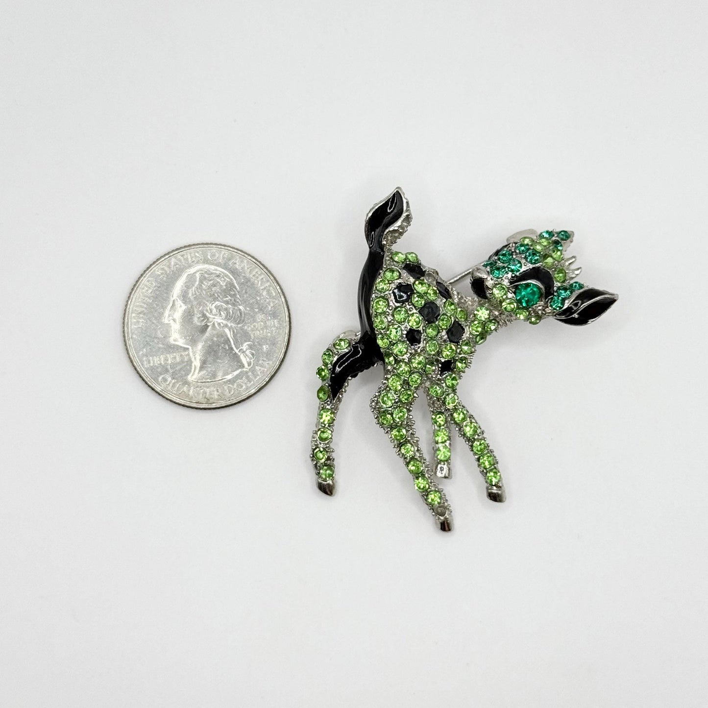 Vintage Brooch of a Baby Deer or Fawn with Green Rhinestones and Black Accents