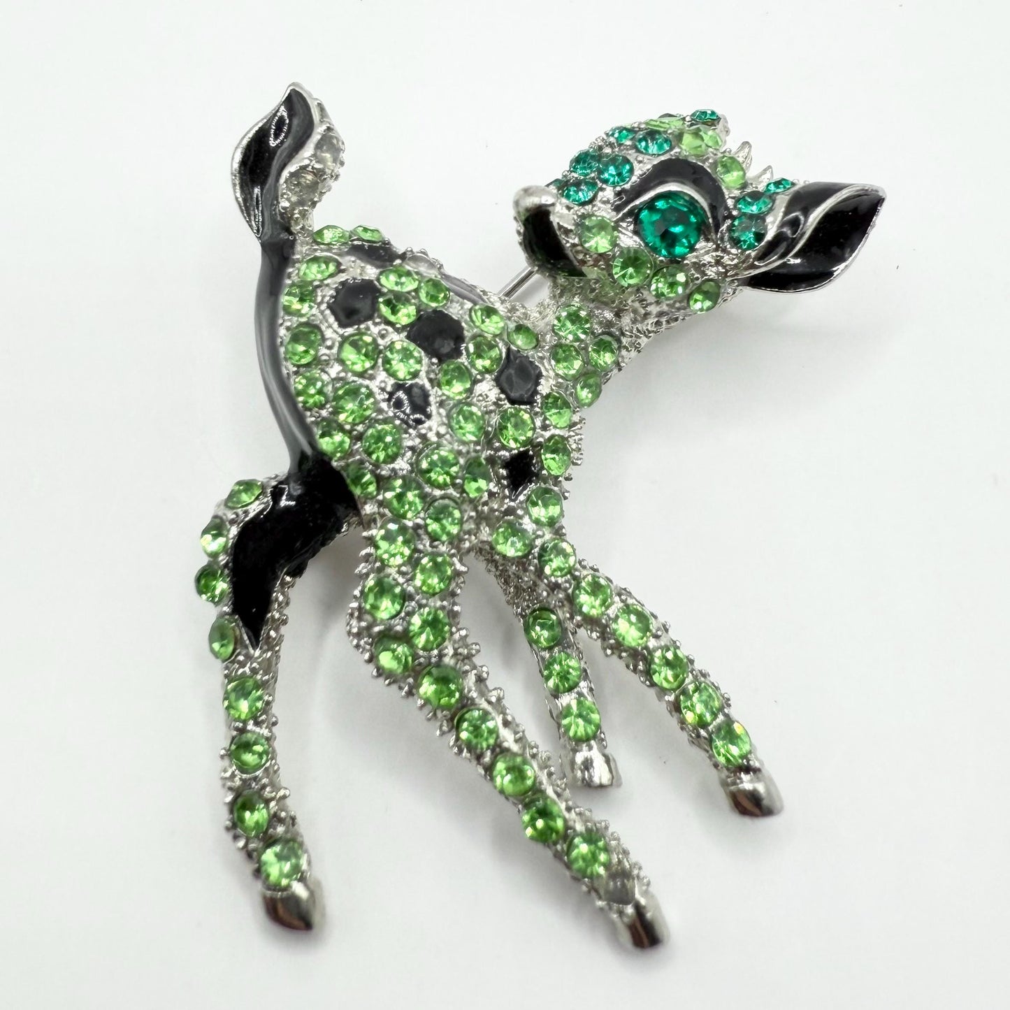 Vintage Brooch of a Baby Deer or Fawn with Green Rhinestones and Black Accents